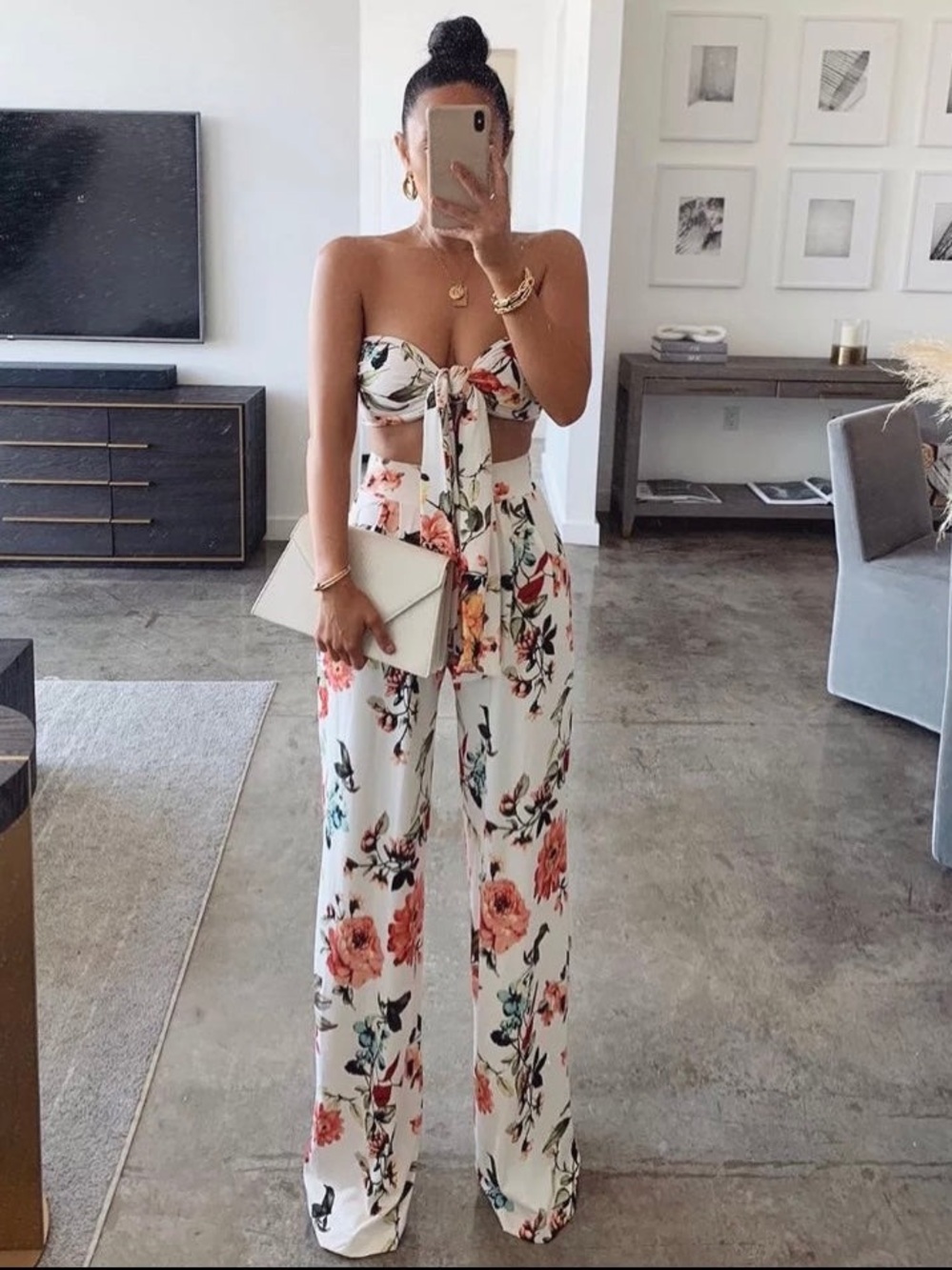Jluxlabel Floral Tie-Front Wide-Leg 2 piece in White